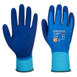 A pair of blue gloves with a textured surface and a green cuff. The gloves have a logo and various markings.