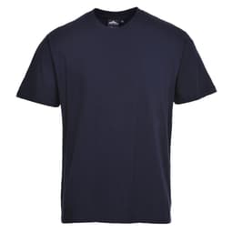 A navy blue Turin Premium T-Shirt with a round neckline and short sleeves, featuring a logo on the tag.