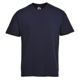 A navy blue premium t-shirt with short sleeves and a round neckline. It features a logo on the label.