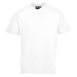 A plain white short-sleeve t-shirt with a label and logo. Ideal for casual wear.