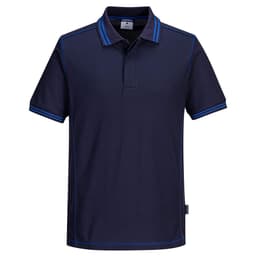 A navy polo shirt with blue accents and a collar, featuring a logo on the chest.