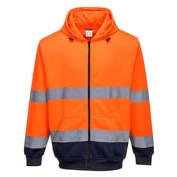 A high-visibility orange and navy zip-front hoodie featuring reflective stripes and a hood, with a logo on it.