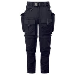 Modular work pants in black, featuring multiple pockets and a belt, designed for versatility and functionality.