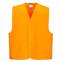 An orange hi-vis vest with a sleeveless design, featuring a simple cut and a label inside.