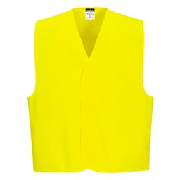 A bright yellow Hi-Vis vest with a simple sleeveless design and a label inside.