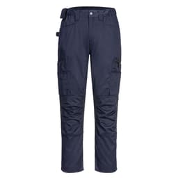 Navy blue eco stretch trade pants featuring multiple pockets and a fitted design, with a branding logo present.