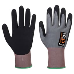A pair of grey and black nitrile foam gloves with a textured grip. The gloves have a logo and branding on one side.