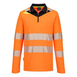 A long-sleeve polo shirt in bright orange with reflective stripes and a black collar. Includes a logo.