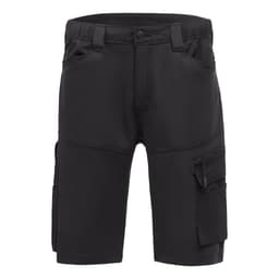 Black trade shorts featuring multiple pockets and a zip closure, designed for practicality and comfort.