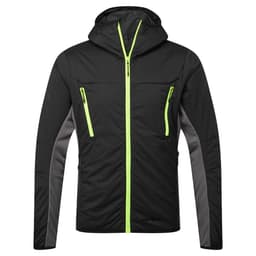 An insulated hybrid jacket in black with bright green zippers and grey paneling. It features a hood and multiple pockets.