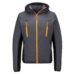 A grey insulated hybrid jacket with orange zippered pockets and a hood, featuring a logo on the front.