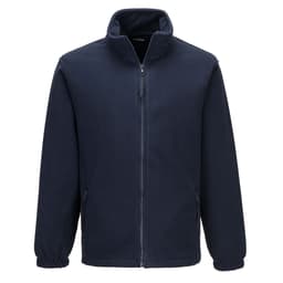 A navy Aran fleece jumper with a full zip and side pockets, featuring a collar and a logo.
