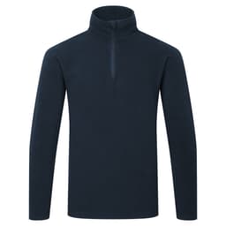 A navy pullover fleece jumper with long sleeves and a zip neck. Features a logo on the front.