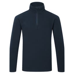 A navy pullover fleece jumper with a high collar and a zippered neck. It has long sleeves and a plain design.