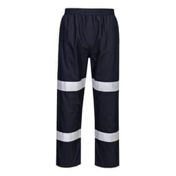 Navy lightweight packable trousers with reflective white stripes and an elasticated waistband. Branding is visible on the garment.
