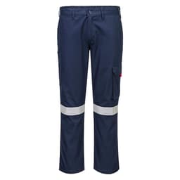 Navy blue cargo pants with reflective tape, featuring side pockets and a brand logo.
