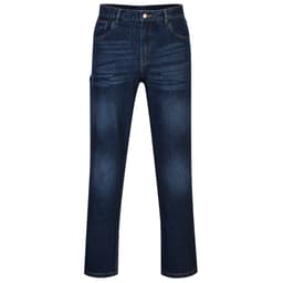 FR Stretch Denim Jeans in a dark blue wash with a classic five-pocket design and a branded logo.