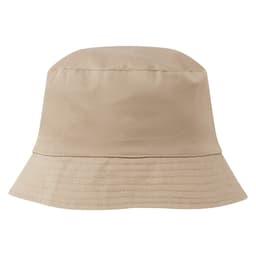 A reversible bucket hat in a neutral beige colour with a subtle textured finish and a branding logo.
