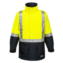 A hi-vis jacket featuring bright yellow and navy blue colours, with reflective strips and a collar. It has a logo.