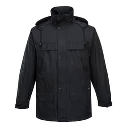 A black classic jacket featuring a hood, multiple pockets, and a front button closure. It includes a logo on the fabric.