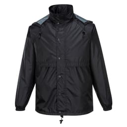 A black packable jacket featuring a front zipper, elastic cuffs, and a hood, with a logo on the chest.