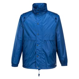 A blue packable jacket with a high collar and adjustable cuffs, featuring a logo on the front.