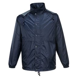 A navy packable jacket featuring a zip and snap front closure, adjustable drawstring, and logos on the chest.