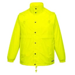 A vibrant yellow packable jacket with a collar and snap buttons, featuring a logo on the lower front.