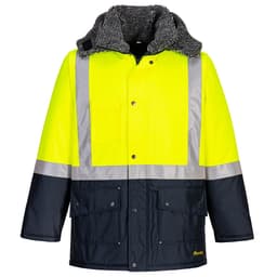 A bright yellow work jacket with black lower panels and reflective strips. It features a plush collar and has a logo.