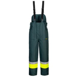 A green waterproof bib and brace with reflective yellow stripes, featuring adjustable black suspenders.