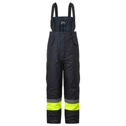 A black insulated bib and brace featuring high-visibility yellow stripes, equipped with adjustable straps and pockets.