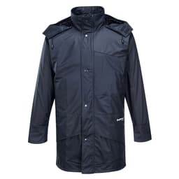 A navy Huski Farmers Jacket with a hood and multiple pockets, featuring a logo on the front.