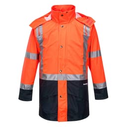 A hi-vis jacket in bright orange with reflective strips and a black base, featuring a logo. Ideal for workwear.