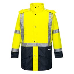 A hi-vis jacket in vibrant yellow with silver reflective strips and a navy bottom panel, featuring a hood and front buttons.