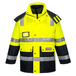 A high-visibility jacket in bright yellow and black, featuring reflective stripes and a logo.