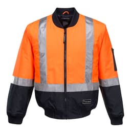 A high-visibility bomber jacket in bright orange with silver reflective stripes and black accents, featuring a logo.