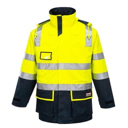 A hi-vis yellow and navy work jacket with reflective stripes and a logo on the front.