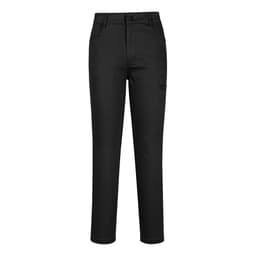 A pair of black women’s flexi work pants with a straight-leg design and a pocket detail. The pants feature a logo.