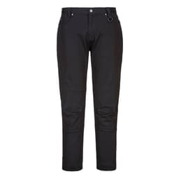Black slim fit work pants featuring a button closure and pockets, designed for a tailored look.