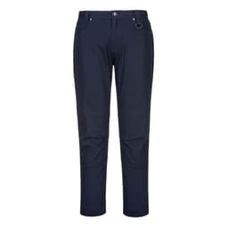 A pair of ladies' slim fit work pants in navy blue with a logo on the waistband.