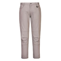 Slim fit work pants in a light beige colour, featuring pockets and a logo detail. Suitable for women's workwear.
