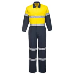 A high-visibility lightweight coverall in yellow and navy, featuring reflective stripes and long sleeves.