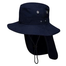 A navy blue wide brim hat with ventilation grommets and a neck flap for sun protection. It features a logo.