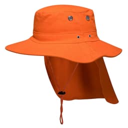 An orange wide brim hat with ventilation eyelets and a neck flap, featuring an adjustable drawstring.