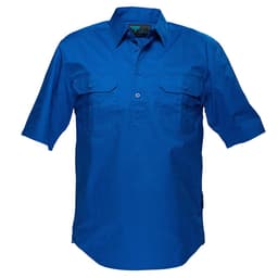 A bright blue button-up short-sleeve shirt with two front pockets and a logo.