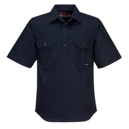A lightweight short-sleeve, button-up shirt in navy blue, featuring two chest pockets and a logo.