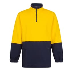 A yellow and navy cotton fleece jumper with a half-zip and side pockets, featuring an elasticated hem and cuffs.