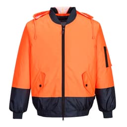 An orange bomber jacket with a black bottom section and hood, featuring zip pockets and a logo.