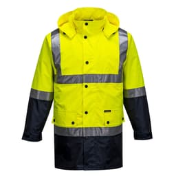 A Hi-Vis 2-Tone Jacket featuring bright yellow and navy colours with reflective strips and a hood.