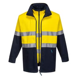 A cotton jacket in bright yellow and navy, featuring reflective strips and a zip front, with a logo on the chest.
